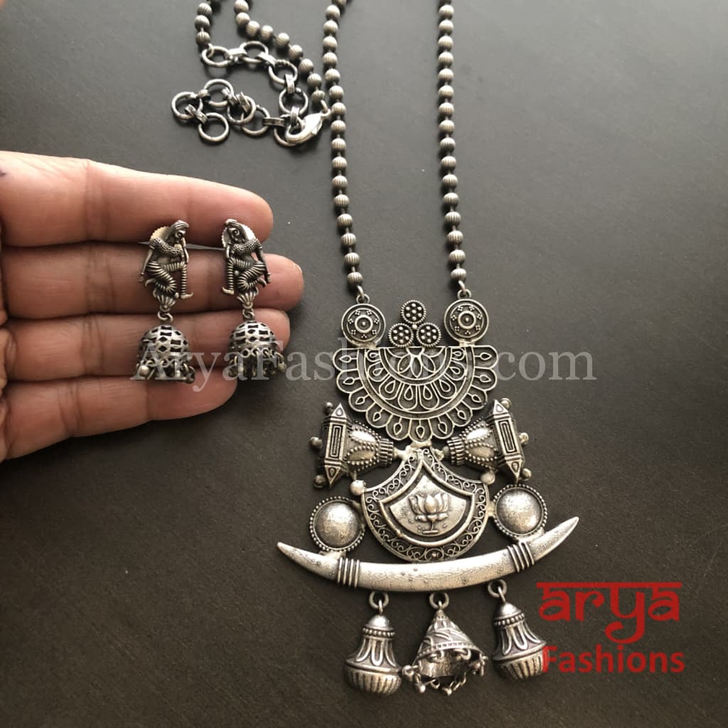 Barat Theme Silver Oxidized Tribal Necklace with beads