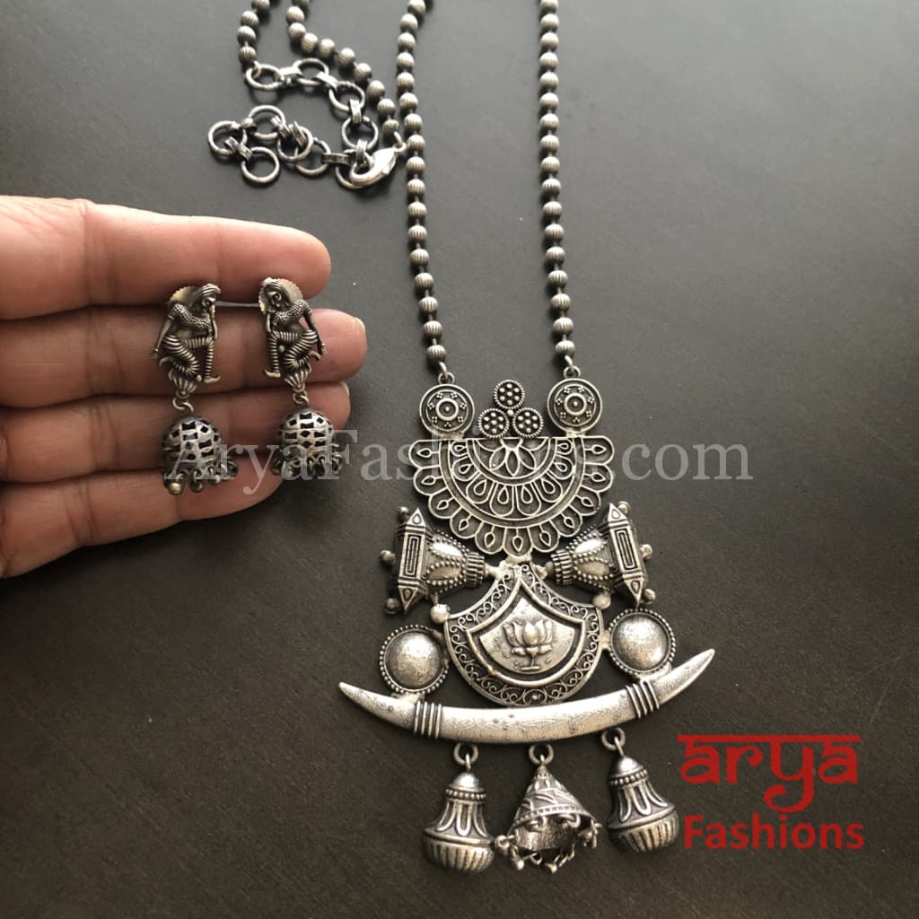 Barat Theme Silver Oxidized Tribal Necklace with beads