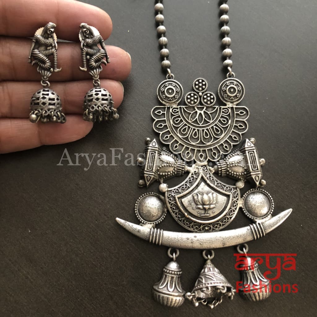 Barat Theme Silver Oxidized Tribal Necklace with beads