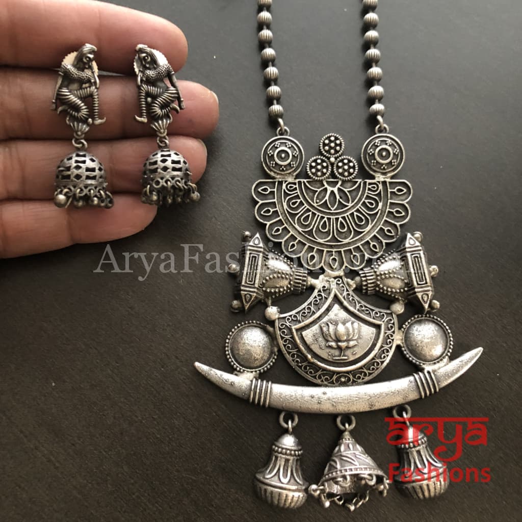 Barat Theme Silver Oxidized Tribal Necklace with beads