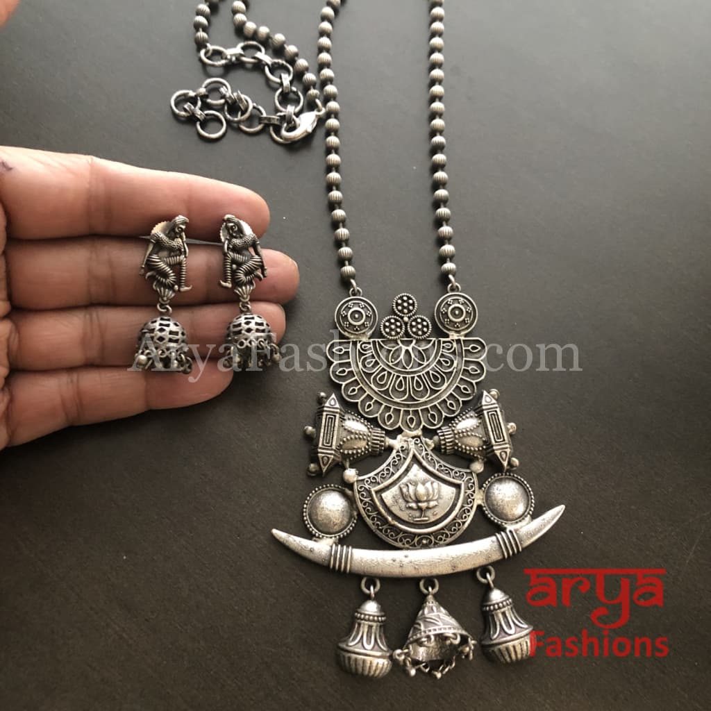 Barat Theme Silver Oxidized Tribal Necklace with beads