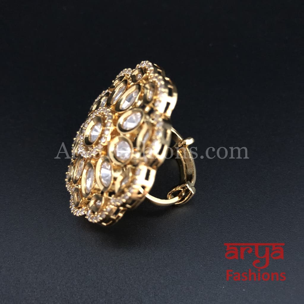 Beautiful Kundan Cubic Zirconia Golden Adjustable Ring