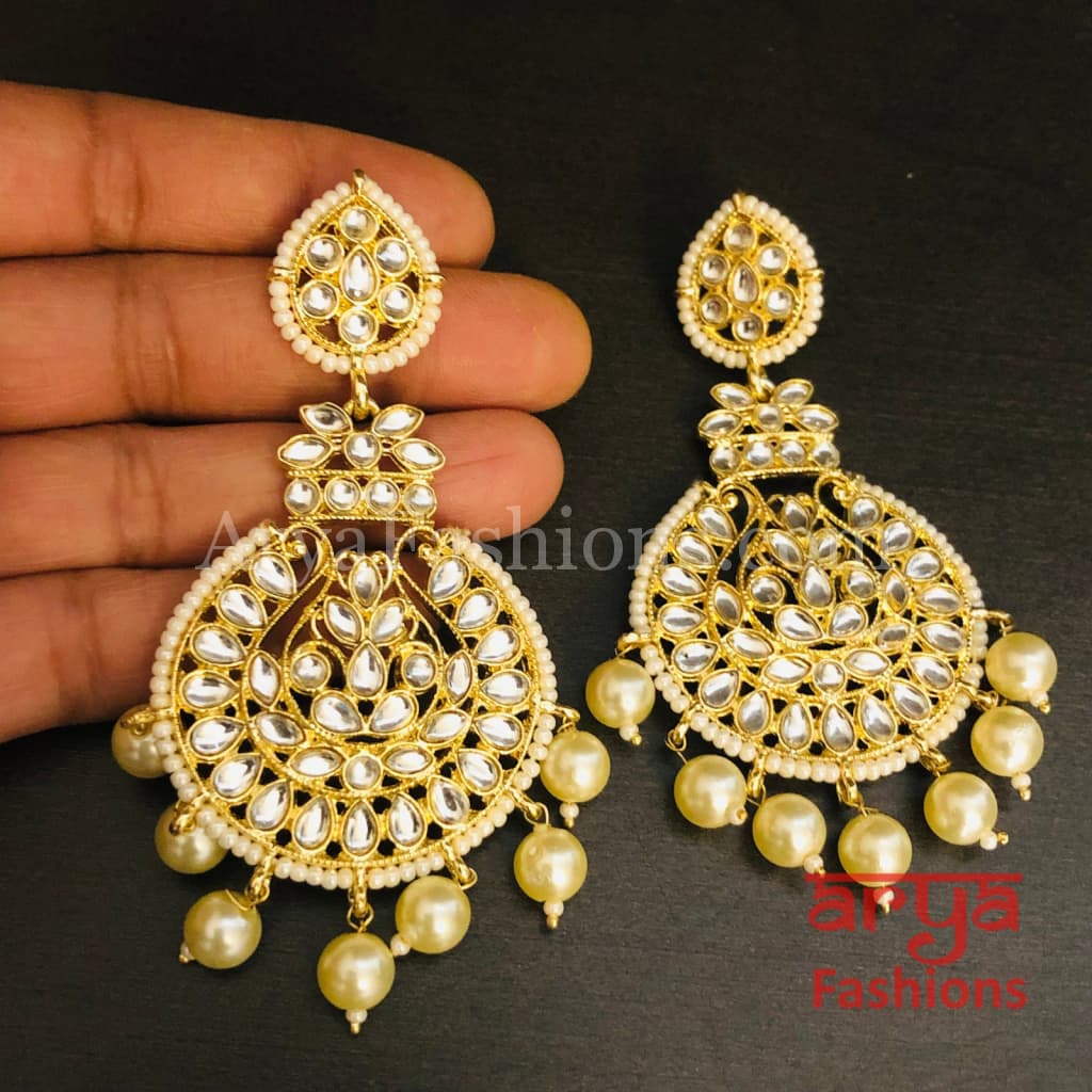 Big Kundan Chandbali Earrings/ Punjabi Chandbali/ Pearl Earrings