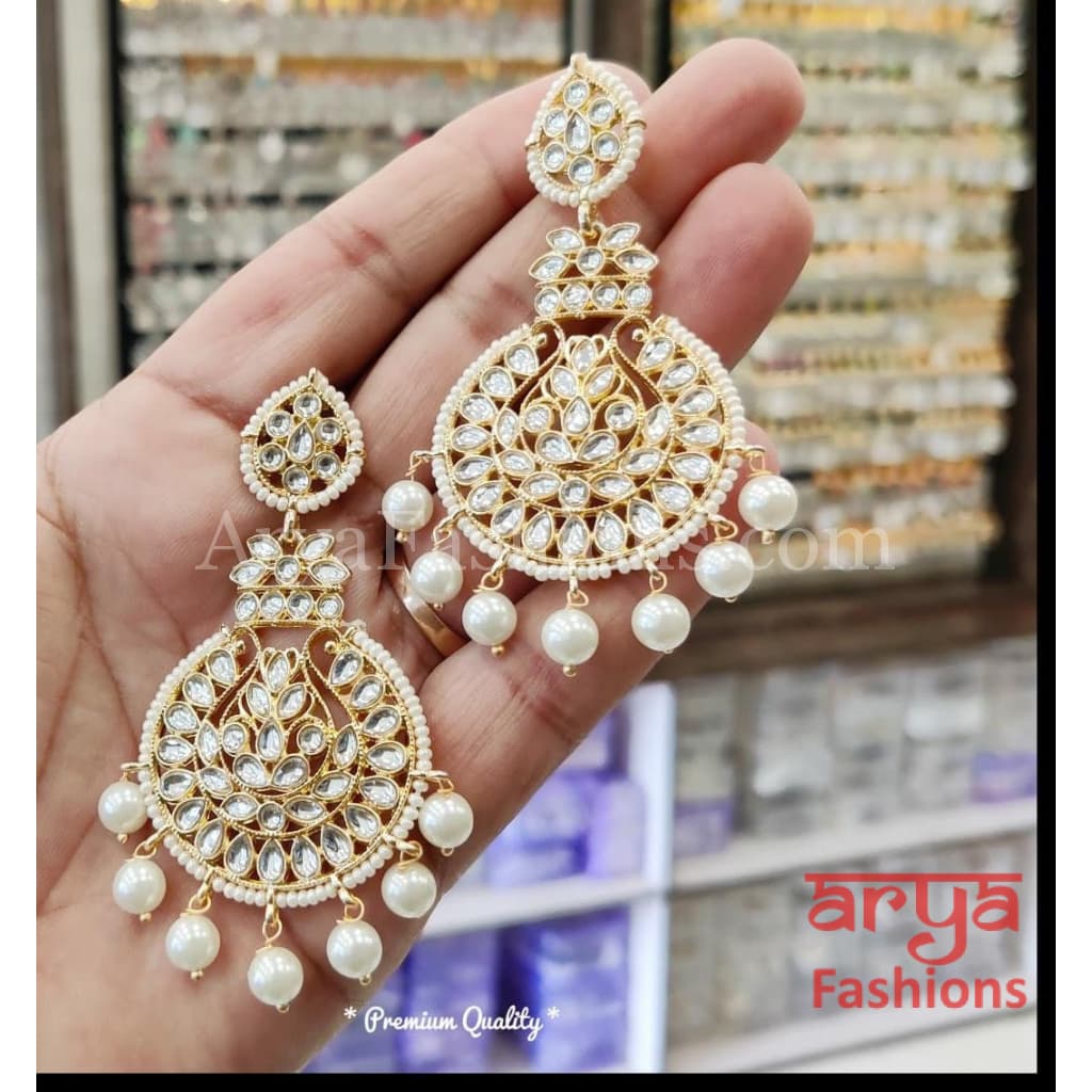 Big Kundan Chandbali Earrings/ Punjabi Chandbali/ Pearl Earrings