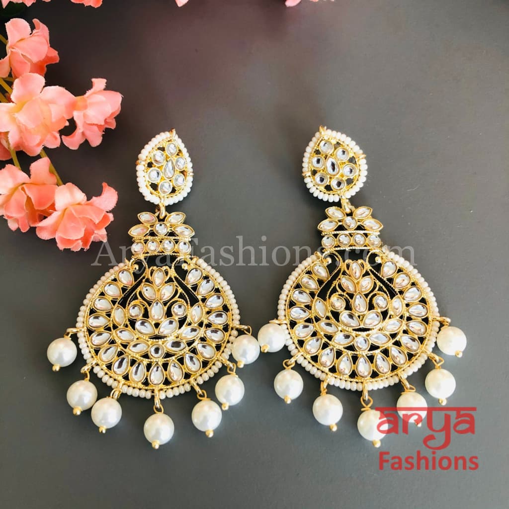Big Kundan Chandbali Earrings/ Punjabi Chandbali/ Pearl Earrings