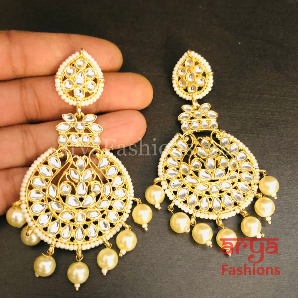 Big Kundan Chandbali Earrings/ Punjabi Chandbali/ Pearl Earrings