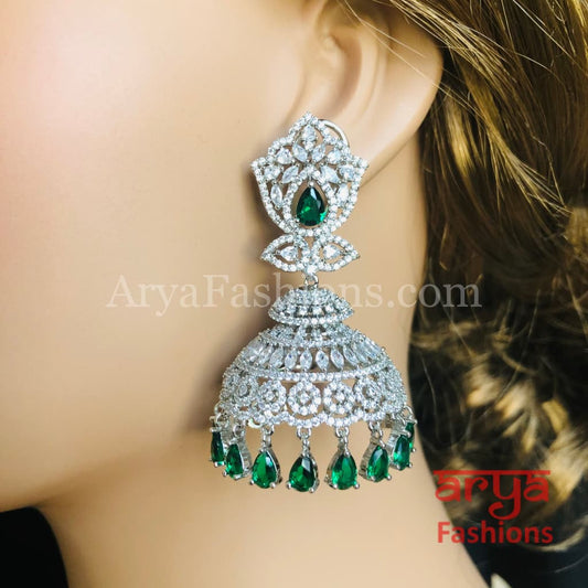 Big Silver CZ Jhumka with Colored stones/ Golden Ruby Jhumka/ Cocktail Earrings
