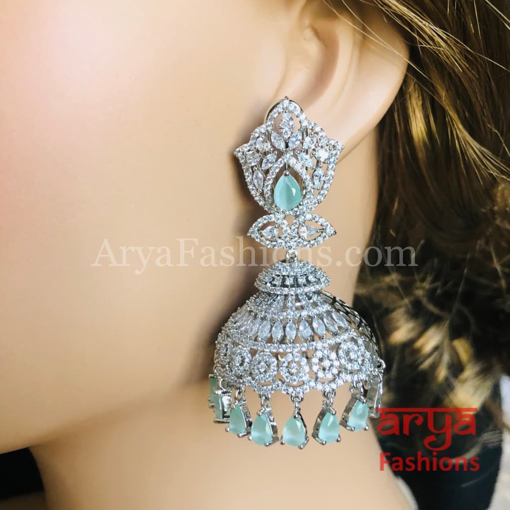 Big Silver CZ Jhumka with Colored stones/ Golden Ruby Jhumka/ Cocktail Earrings