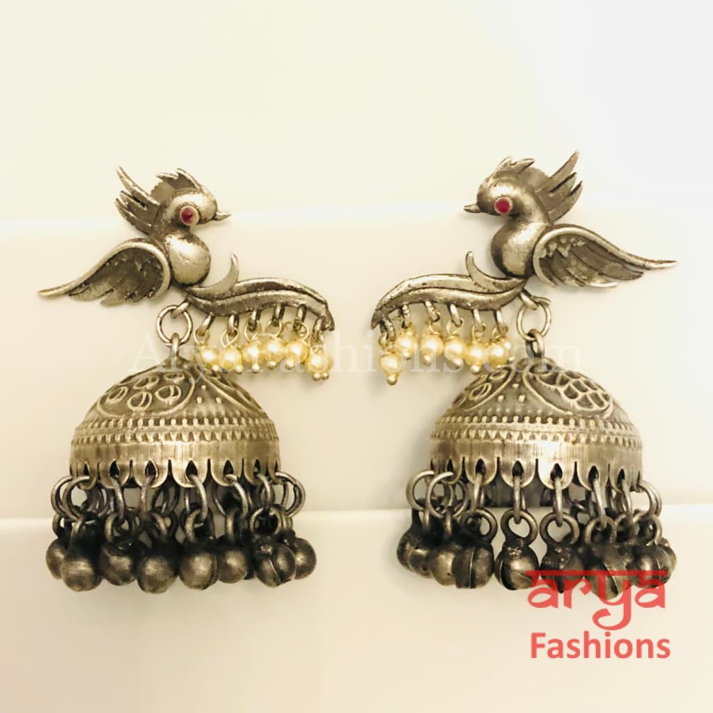 Bird Oxidized Silver Jhumka Earrings with Ghungroo