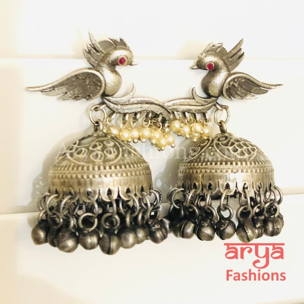 Bird Oxidized Silver Jhumka Earrings with Ghungroo