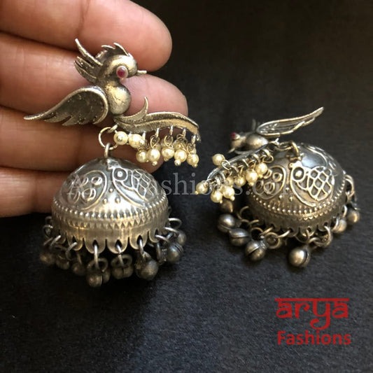 Bird Oxidized Silver Jhumka Earrings with Ghungroo