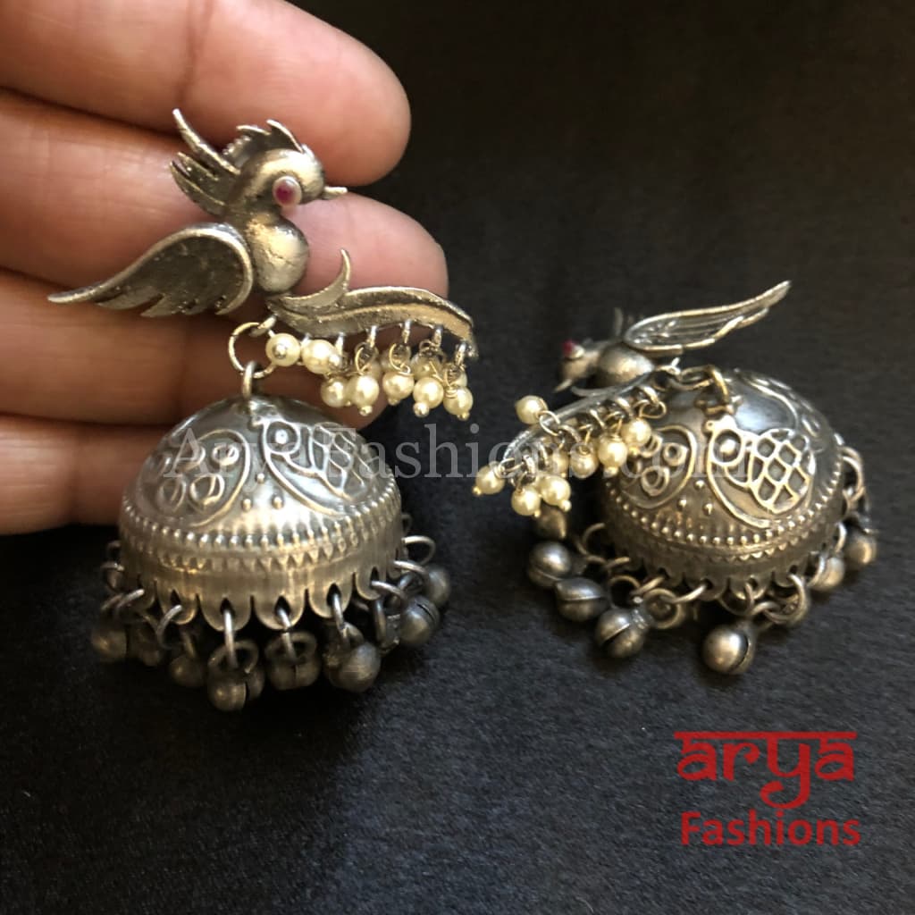 Bird Oxidized Silver Jhumka Earrings with Ghungroo