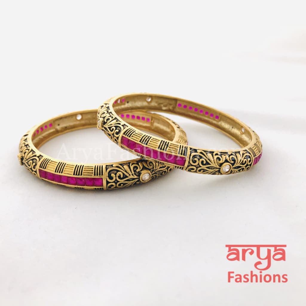 Black Meenakari Bangles with Ruby and White Stones Pair of 2