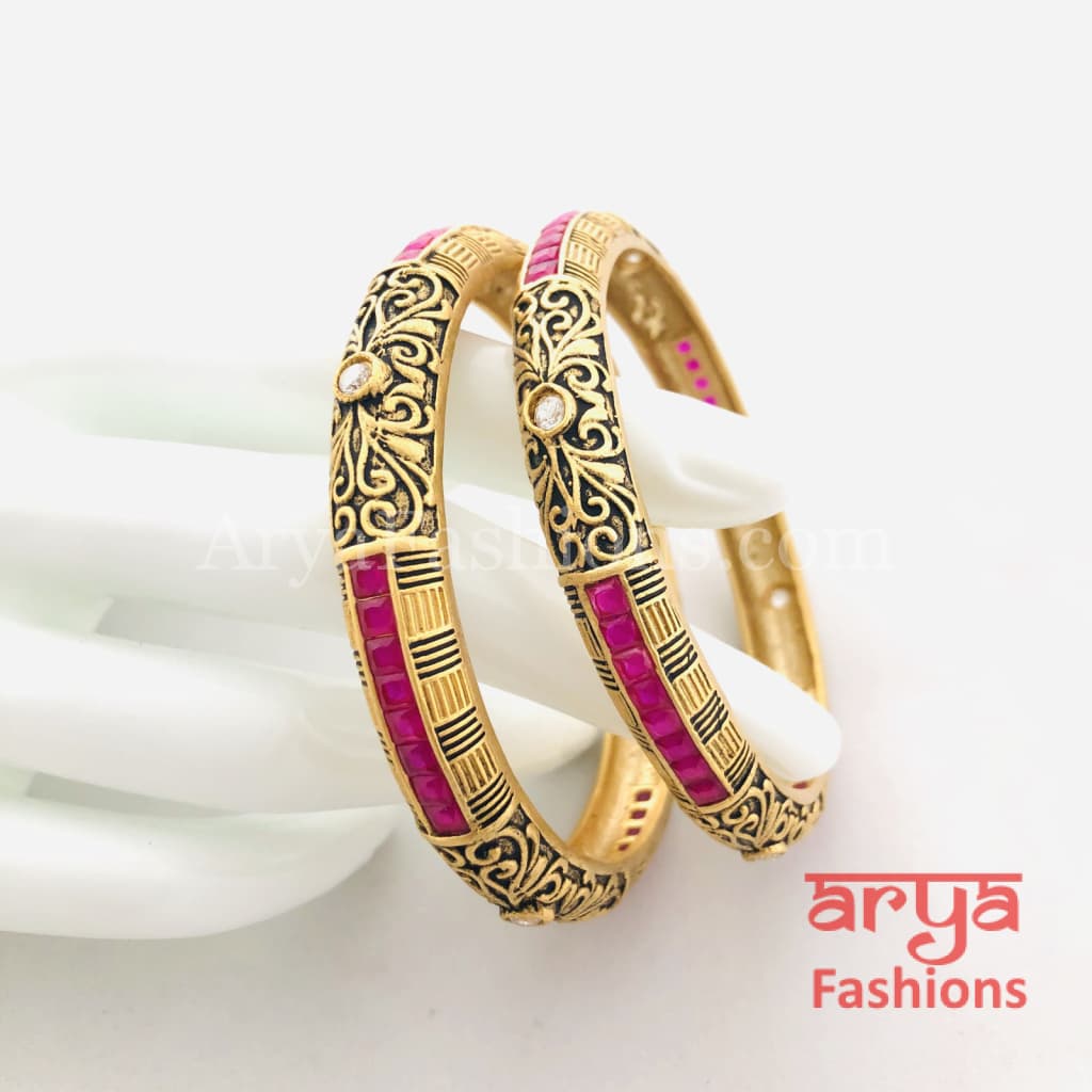 Black Meenakari Bangles with Ruby and White Stones Pair of 2