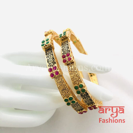 Black Meenakari Kundan Bangles with CZ and Ruby Stones