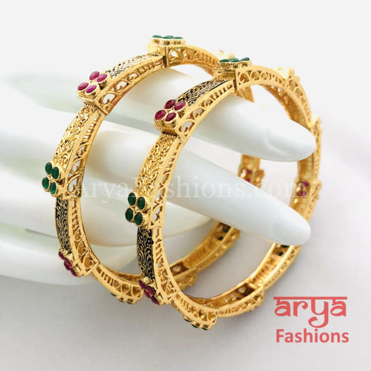 Black Meenakari Kundan Bangles with CZ and Ruby Stones