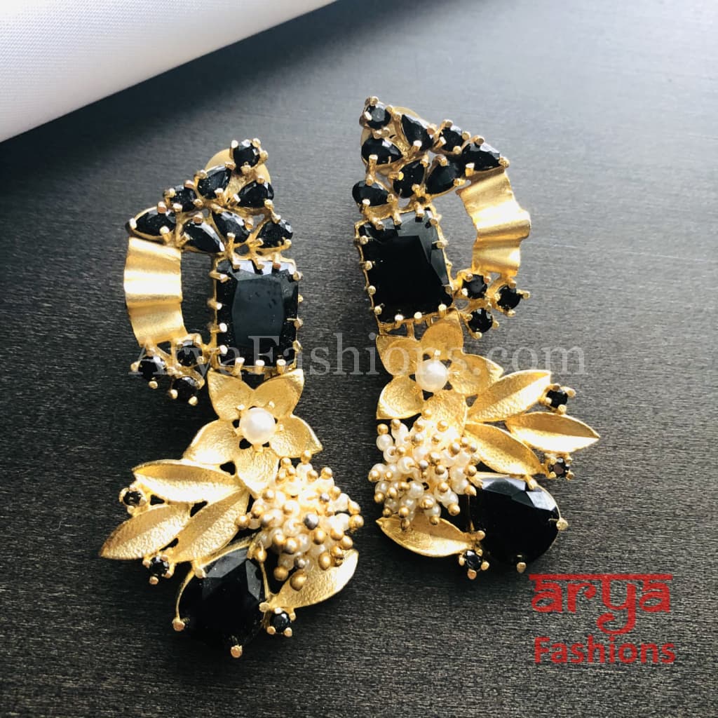 Black Stone Golden Fusion Earrings