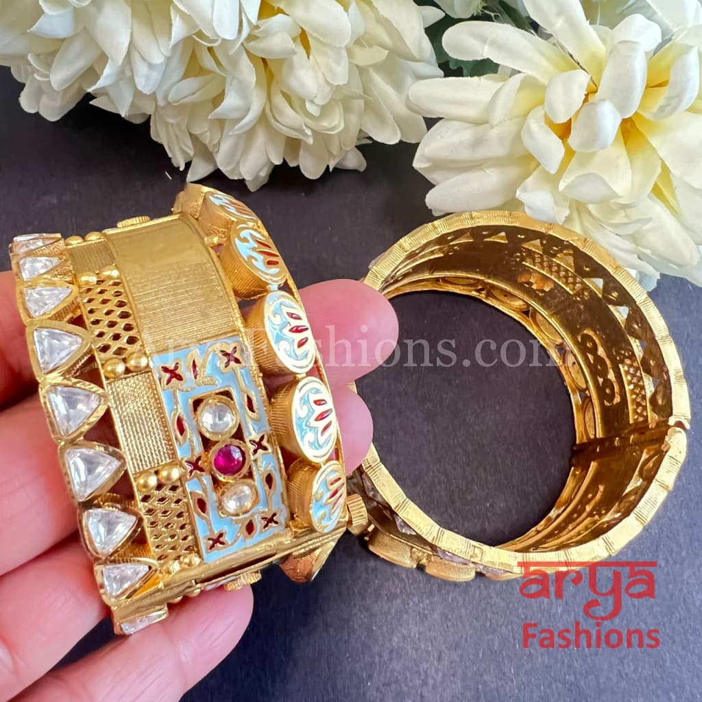 Blue Meenakari Rajwadi Ruby Kundan Jadau Kada Bangles â€“ AryaFashions