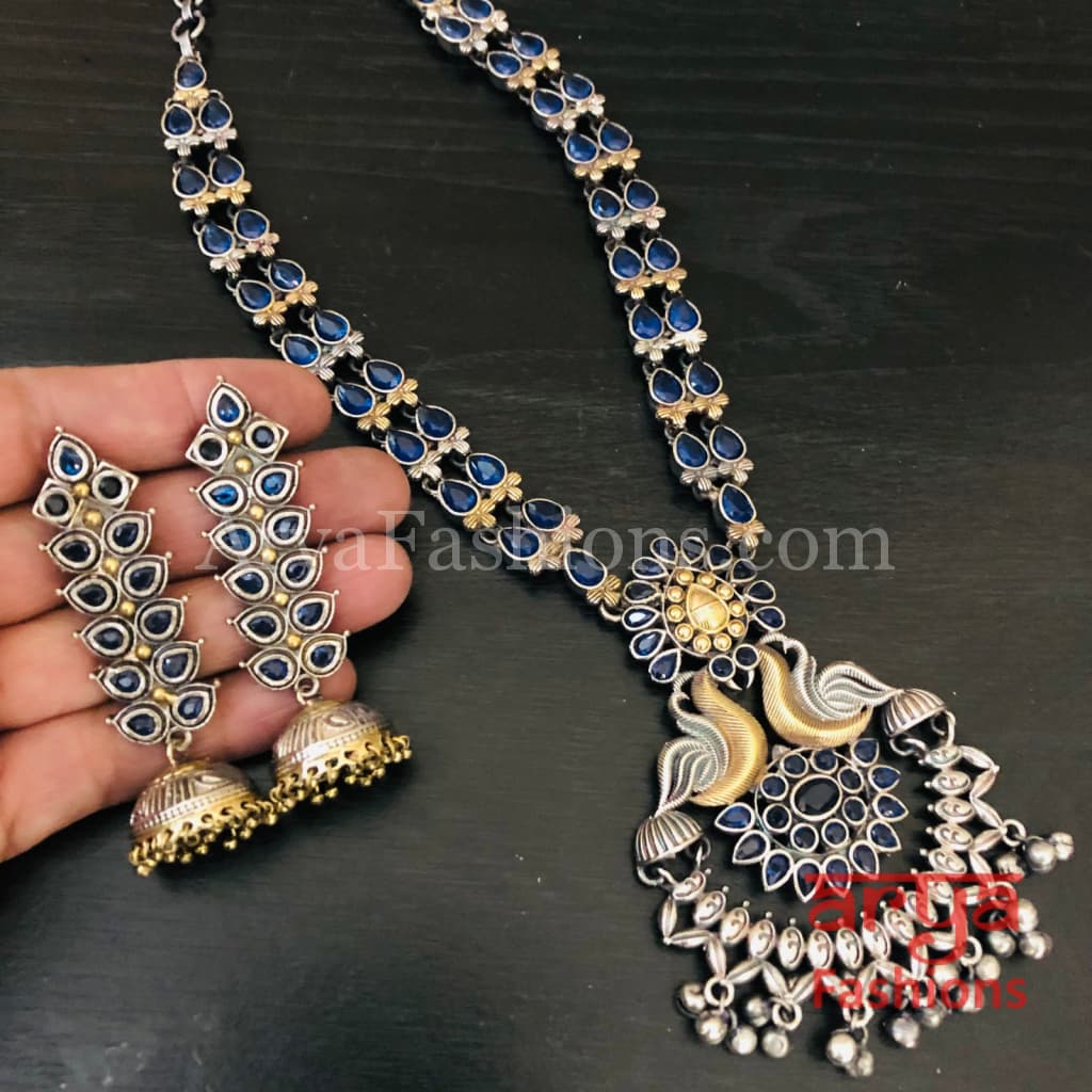 Blue Silver and Gold Dual tone Necklace with Cultured Stones