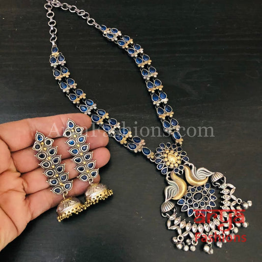 Blue Silver and Gold Dual tone Necklace with Cultured Stones