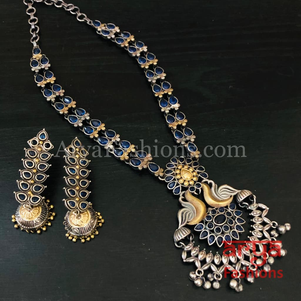 Blue Silver and Gold Dual tone Necklace with Cultured Stones