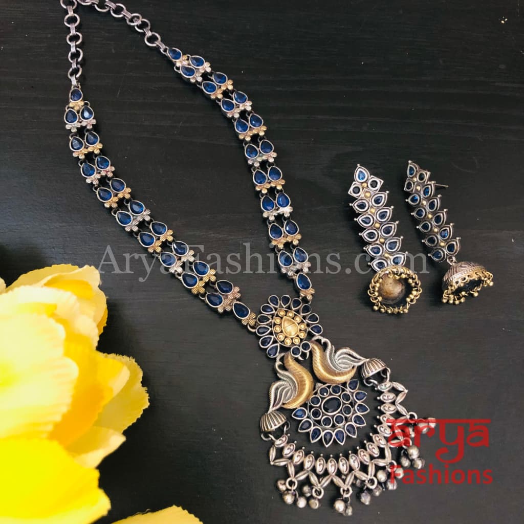 Blue Silver and Gold Dual tone Necklace with Cultured Stones
