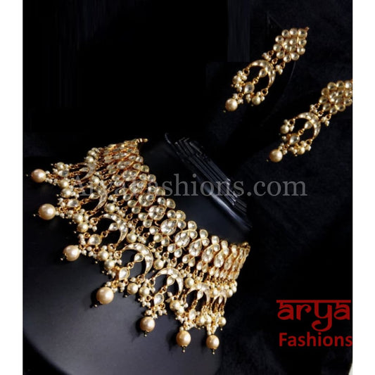 Bridal Choker Style Kundan Necklace with Pearl Drops