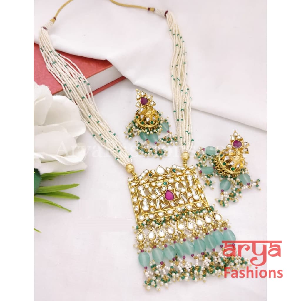 Bridal Emerald Beads Long Kundan Necklace