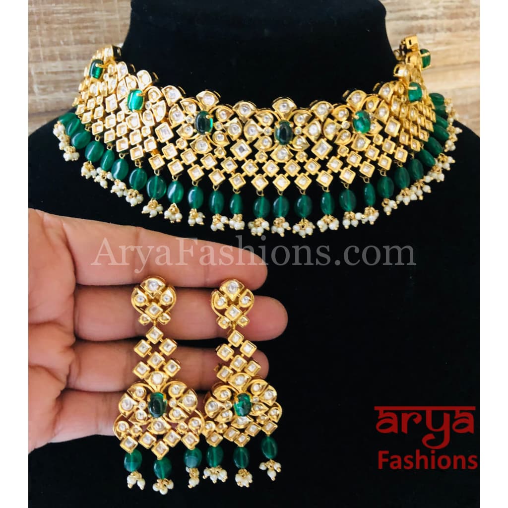 Emerald Green and Kundan Necklace With Long Earrings - Etsy