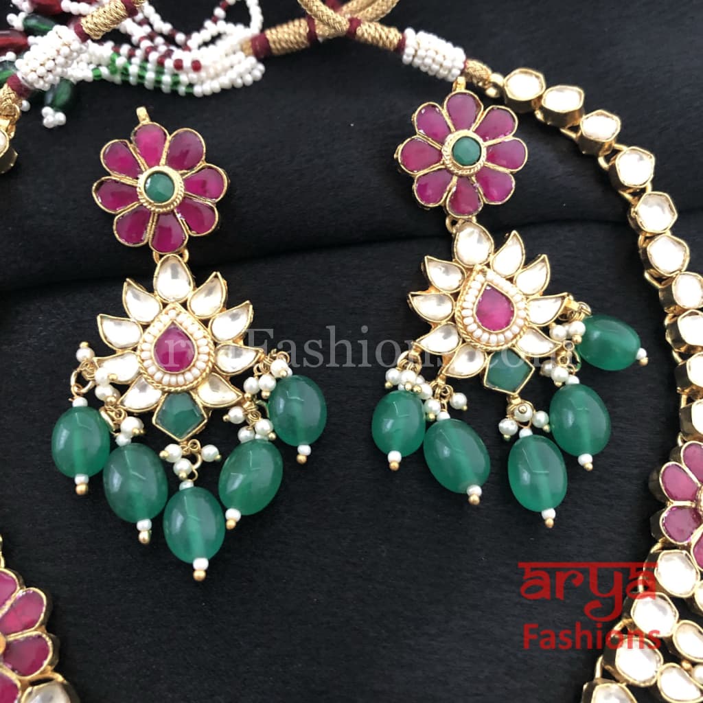 Bridal Emerald Green Ruby Kundan Necklace with Earrings
