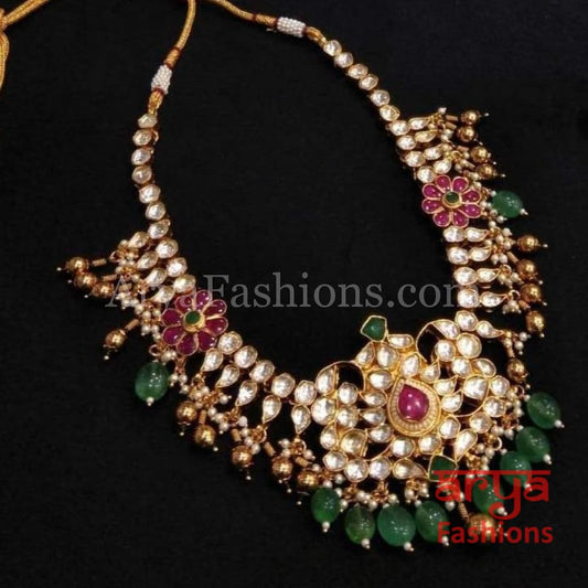 Bridal Emerald Green Ruby Kundan Necklace with Earrings