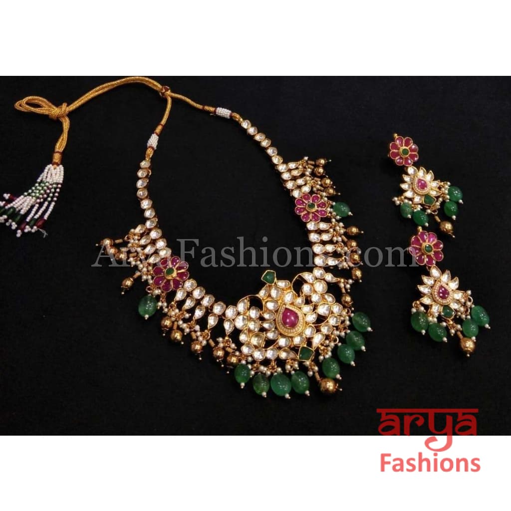 Bridal Emerald Green Ruby Kundan Necklace with Earrings