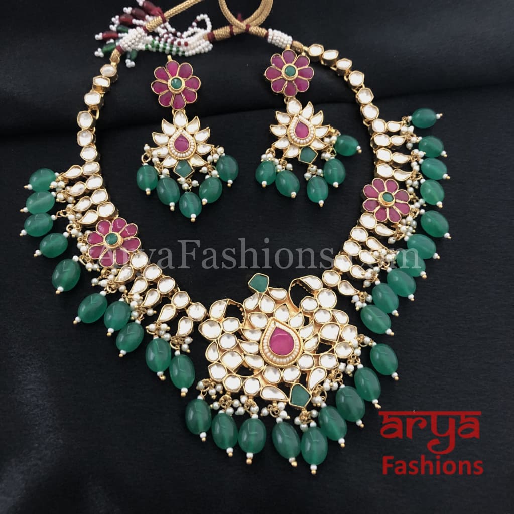 Bridal Emerald Green Ruby Kundan Necklace with Earrings