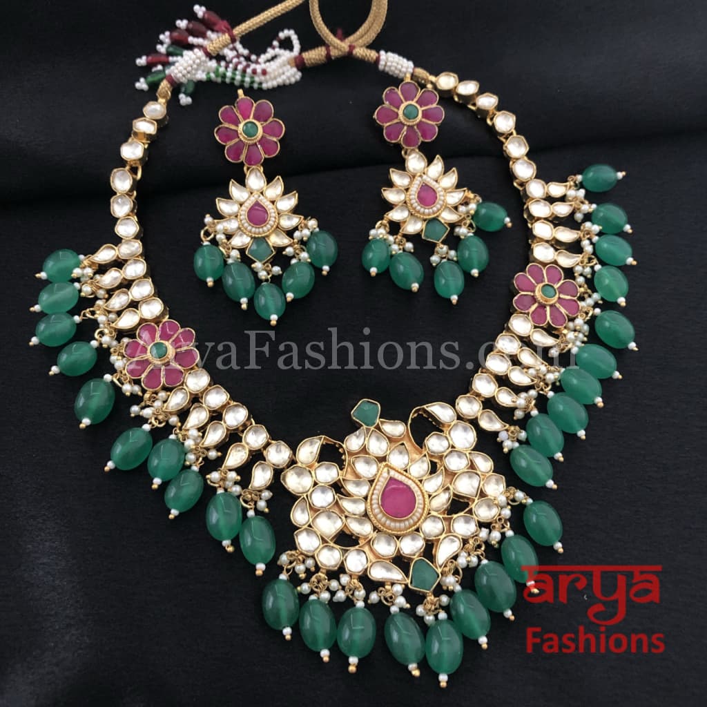 Bridal Emerald Green Ruby Kundan Necklace with Earrings