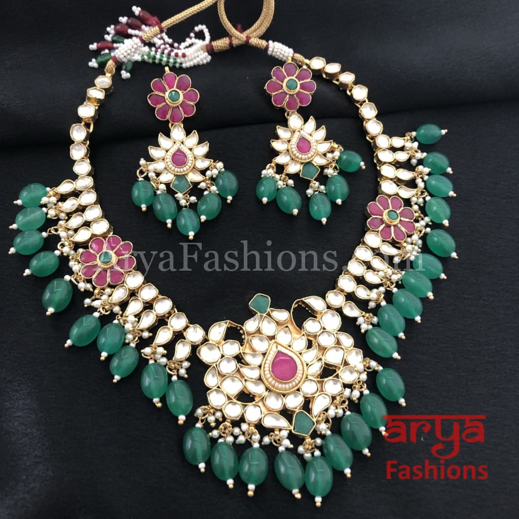 Bridal Emerald Green Ruby Kundan Necklace with Earrings