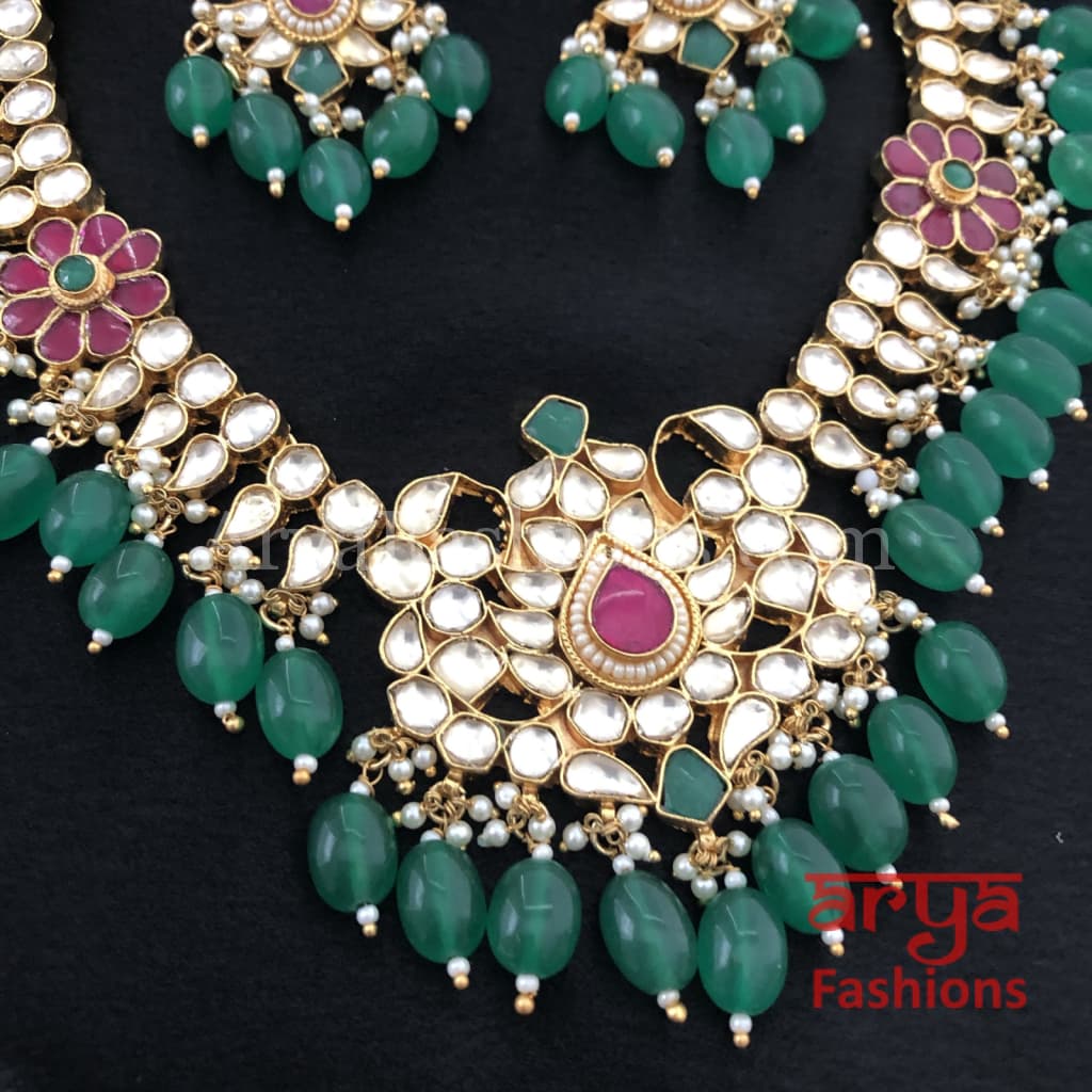 Bridal Emerald Green Ruby Kundan Necklace with Earrings