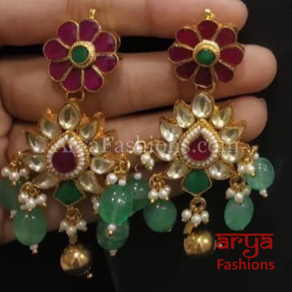 Bridal Emerald Green Ruby Kundan Necklace with Earrings