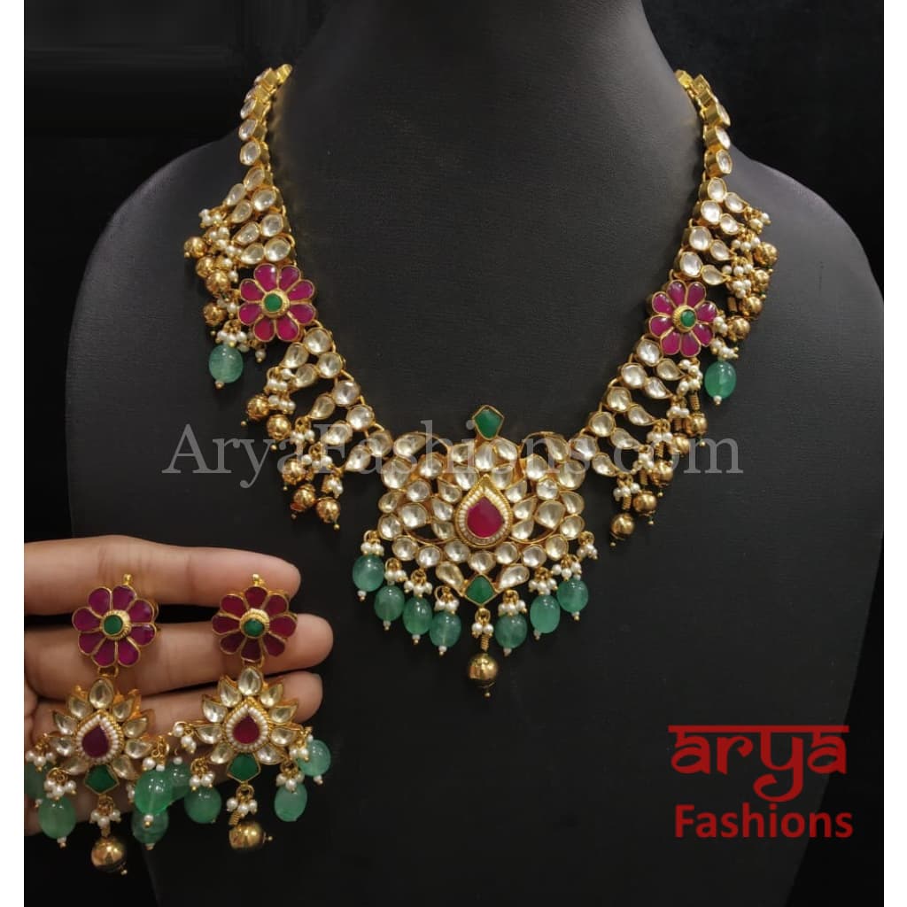 Bridal Emerald Green Ruby Kundan Necklace with Earrings