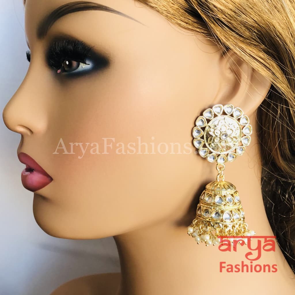 Bridal Golden Long Kundan Jhumka Earrings