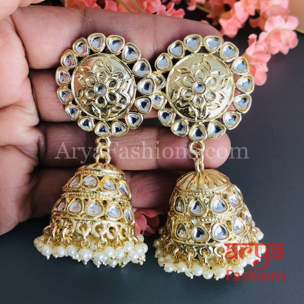 Bridal Golden Long Kundan Jhumka Earrings
