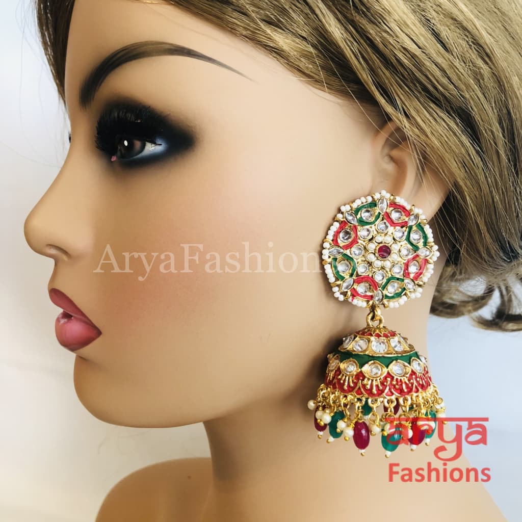 Bridal Golden Meenakari Long Jhumka Earrings with Colorful beads
