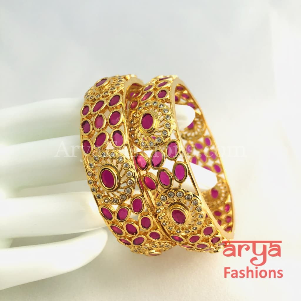 Bridal Golden Ruby White CZ Stones Bracelet Bangles