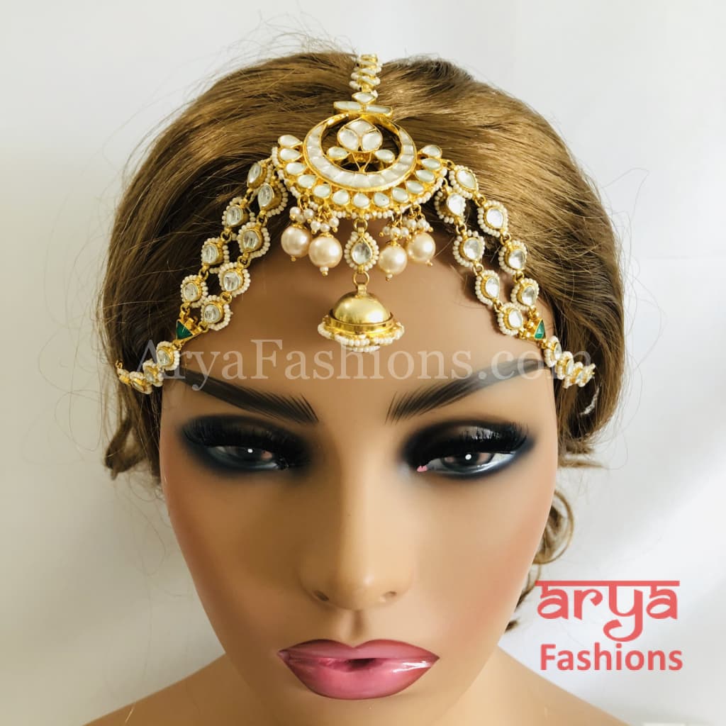 Bridal Jadau Kundan and Golden Pearls Mathapatti Maang Tikka Indian Wedding
