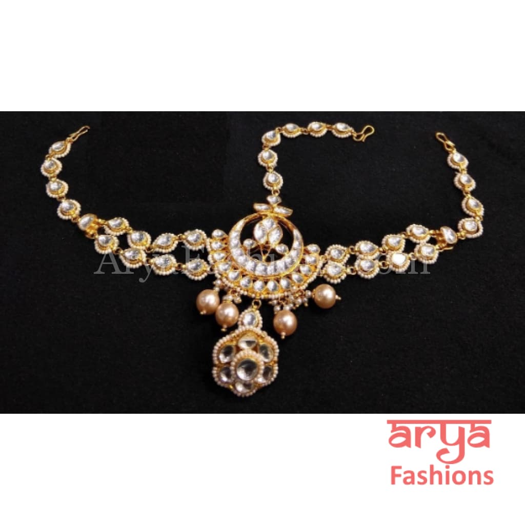 Bridal Jadau Kundan and Golden Pearls Mathapatti Maang Tikka Indian Wedding