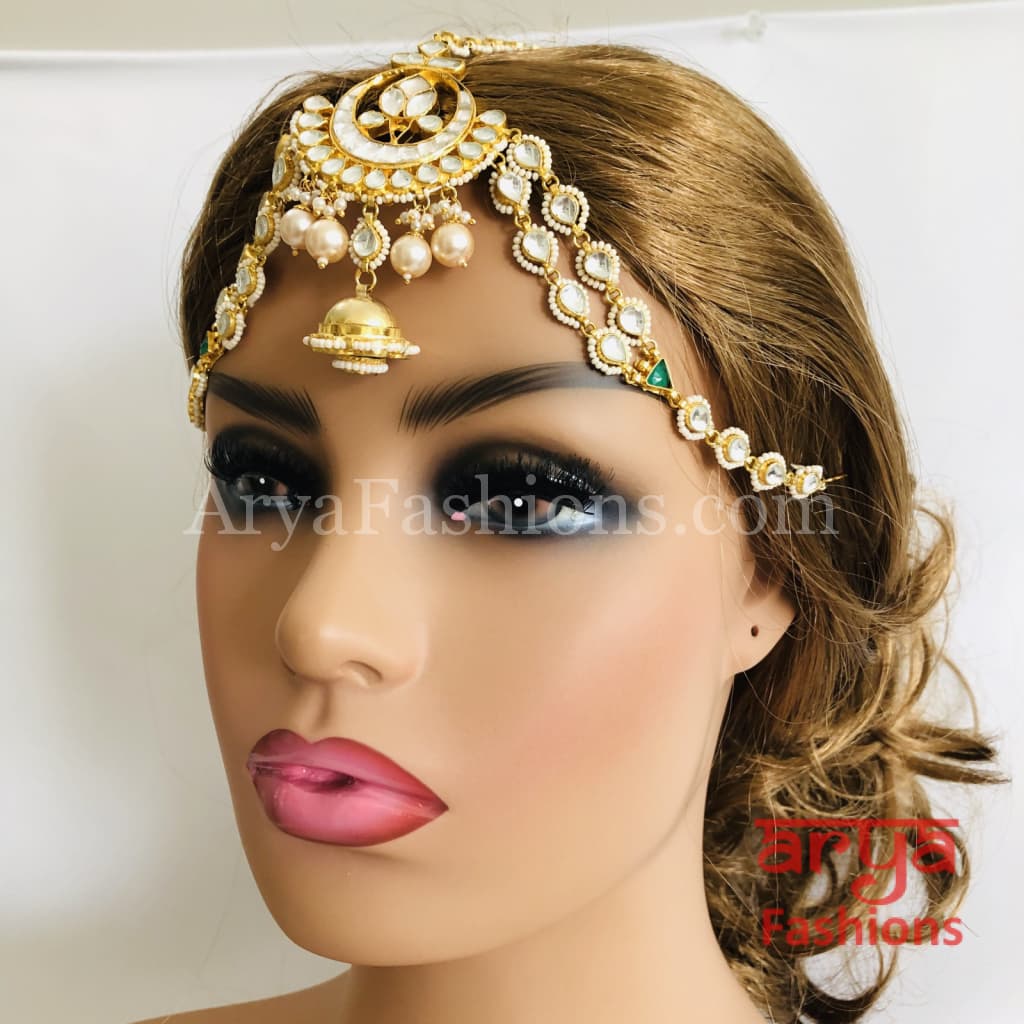 Bridal Jadau Kundan and Golden Pearls Mathapatti Maang Tikka Indian Wedding