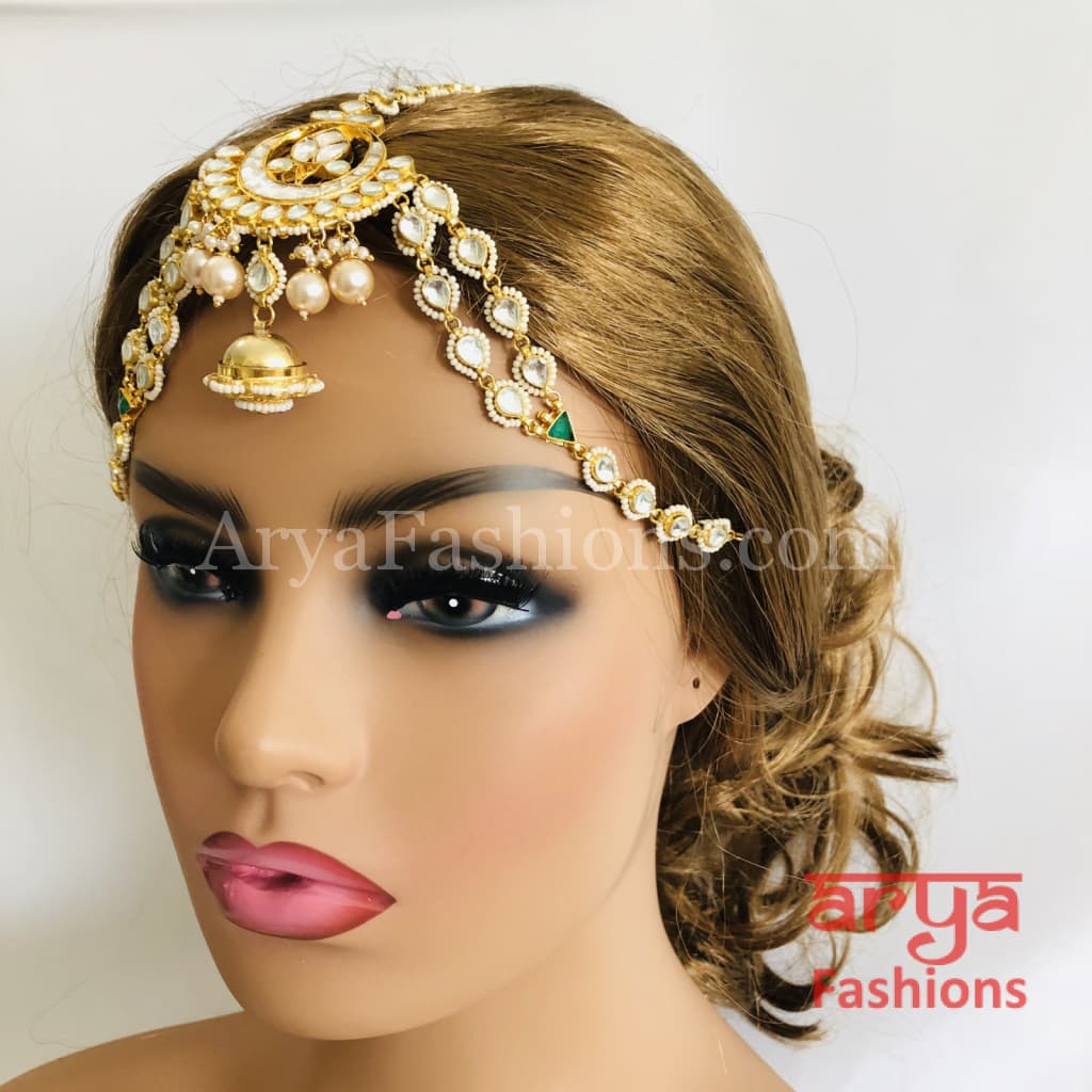 Bridal Jadau Kundan and Golden Pearls Mathapatti Maang Tikka Indian Wedding