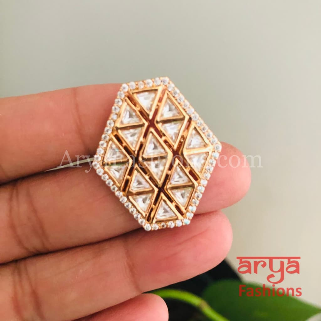 Bridal Jadau Kundan CZ Ring in Hexagon shape