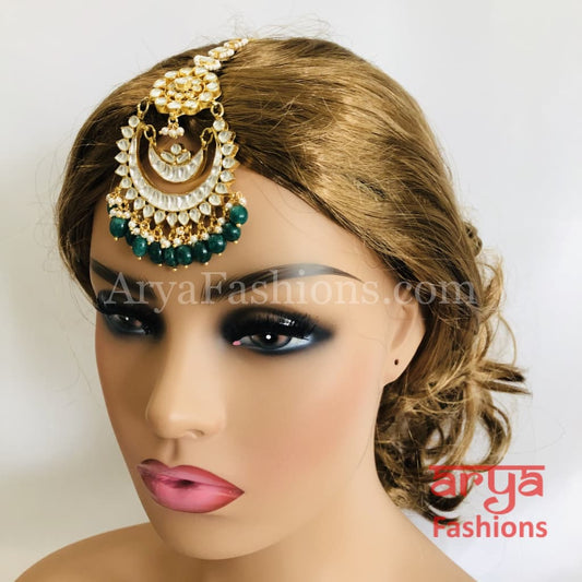 Bridal Kundan Mang Tika with Emerald and Pearl Beads