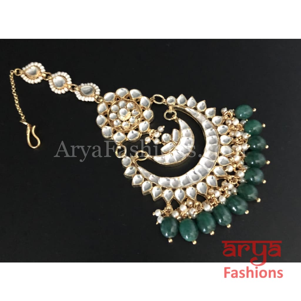 Bridal Kundan Mang Tika with Emerald and Pearl Beads