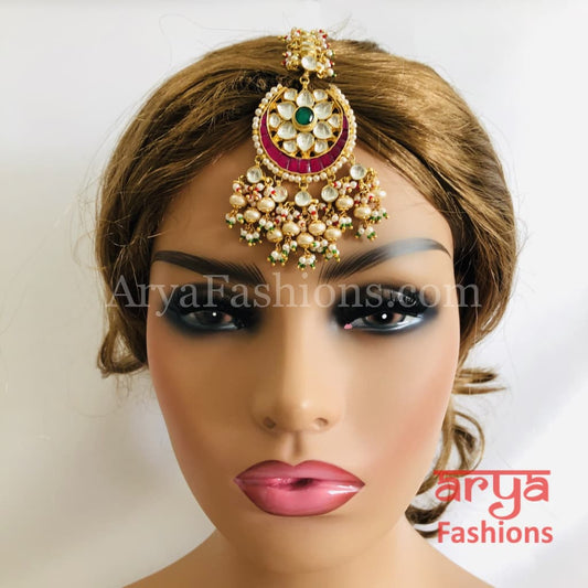 Bridal Kundan Mang Tika with Emerald Ruby stones and Pearl Beads